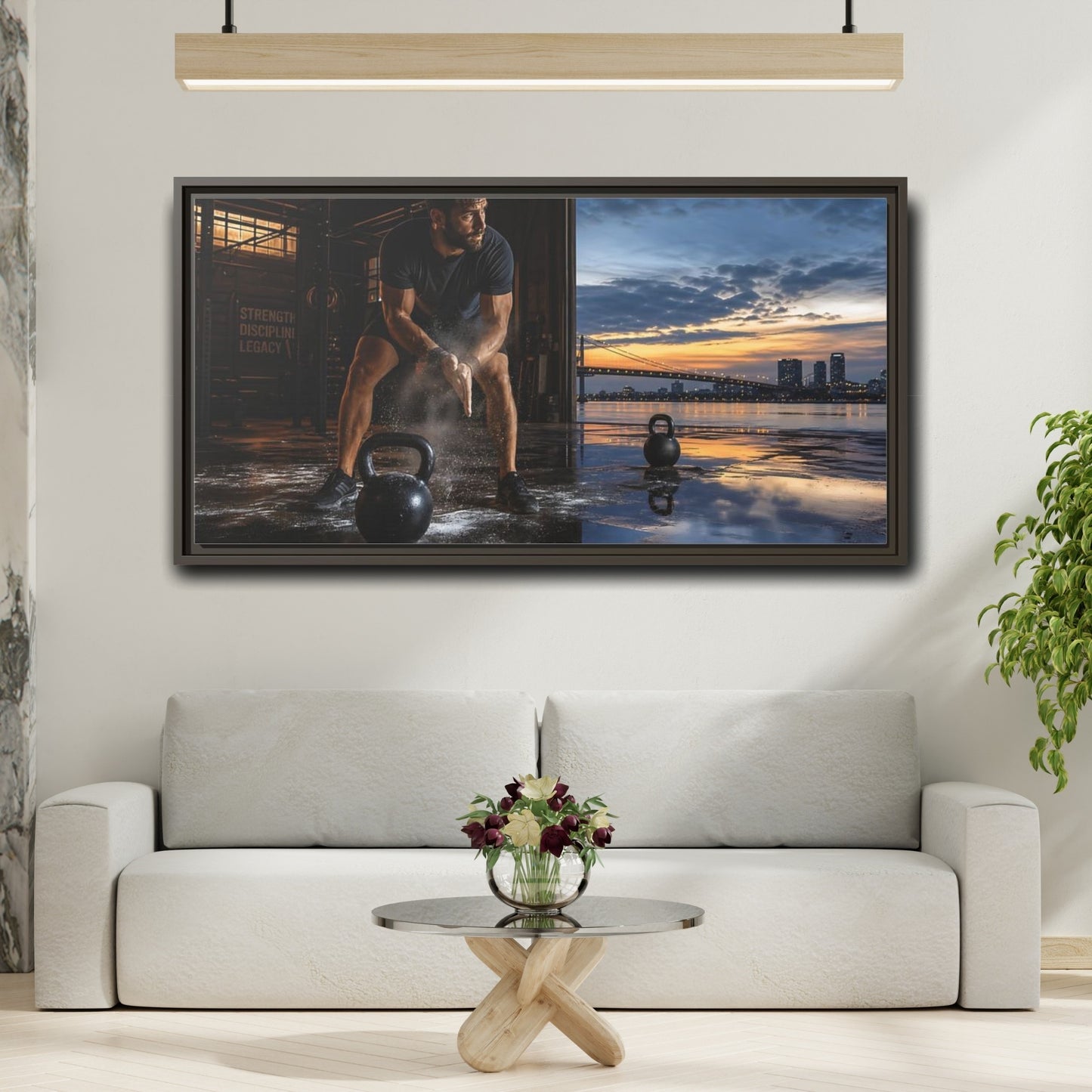 Mockup 2. Sports Man, Kettlebell Fitness Sunset shown as framed canvas print