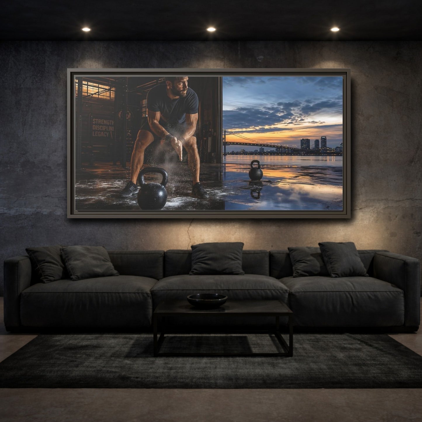 Mockup 3. Sports Man, Kettlebell Fitness Sunset shown as framed canvas print