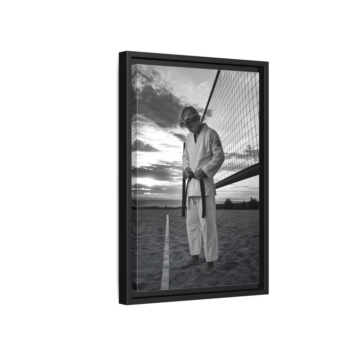 Side Mockup 6. Sports Martial Artist Martial Artist Black And White shown as framed canvas print