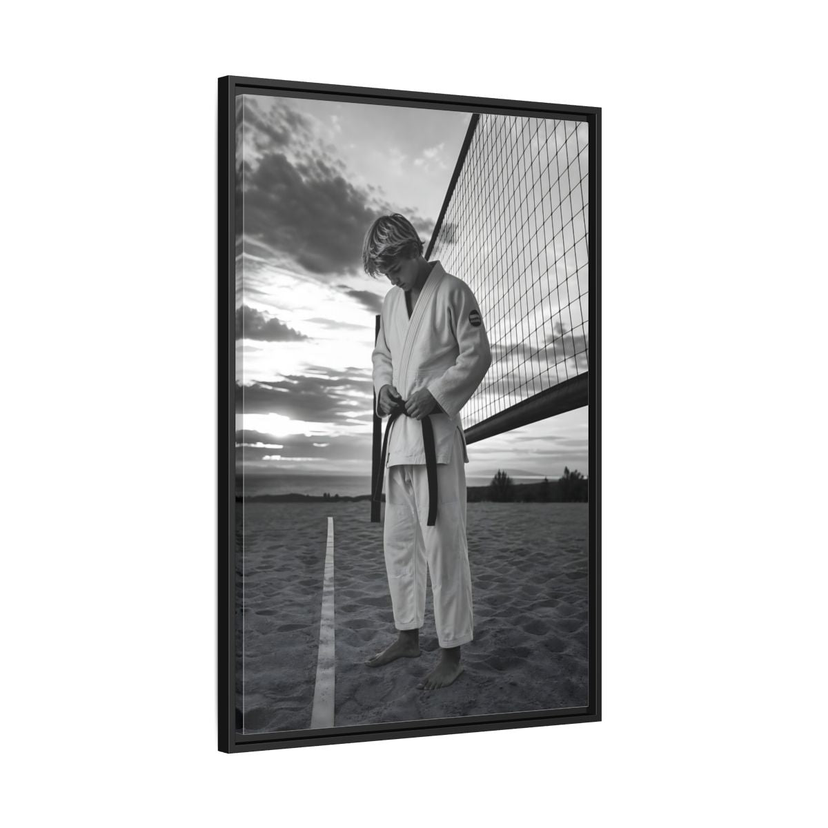 Side Mockup 13. Sports Martial Artist Martial Artist Black And White shown as framed canvas print
