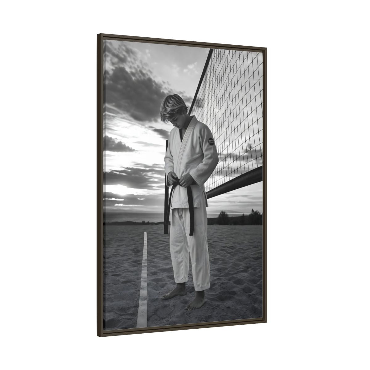 Side Mockup 8. Sports Martial Artist Martial Artist Black And White shown as framed canvas print