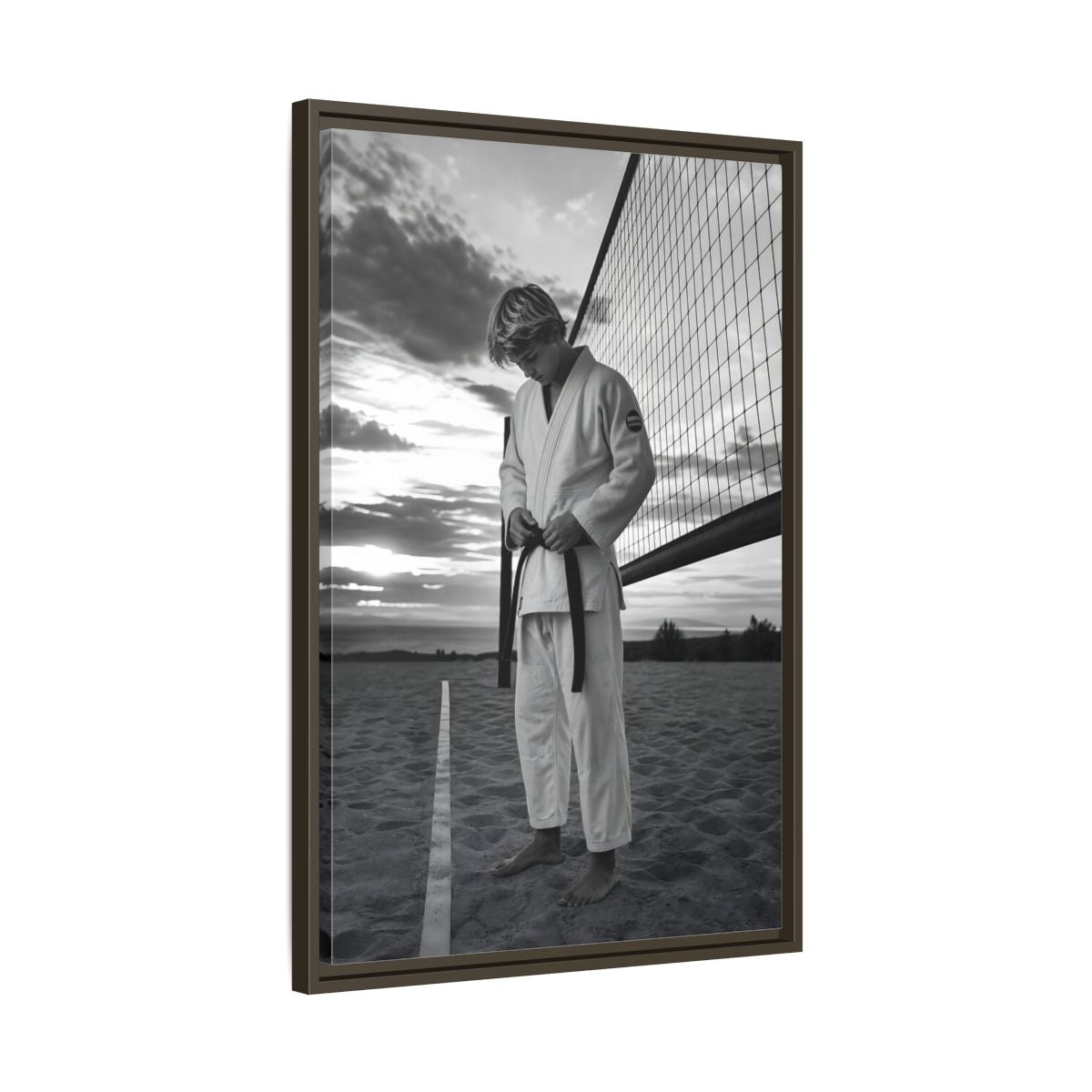 Side Mockup 11. Sports Martial Artist Martial Artist Black And White shown as framed canvas print