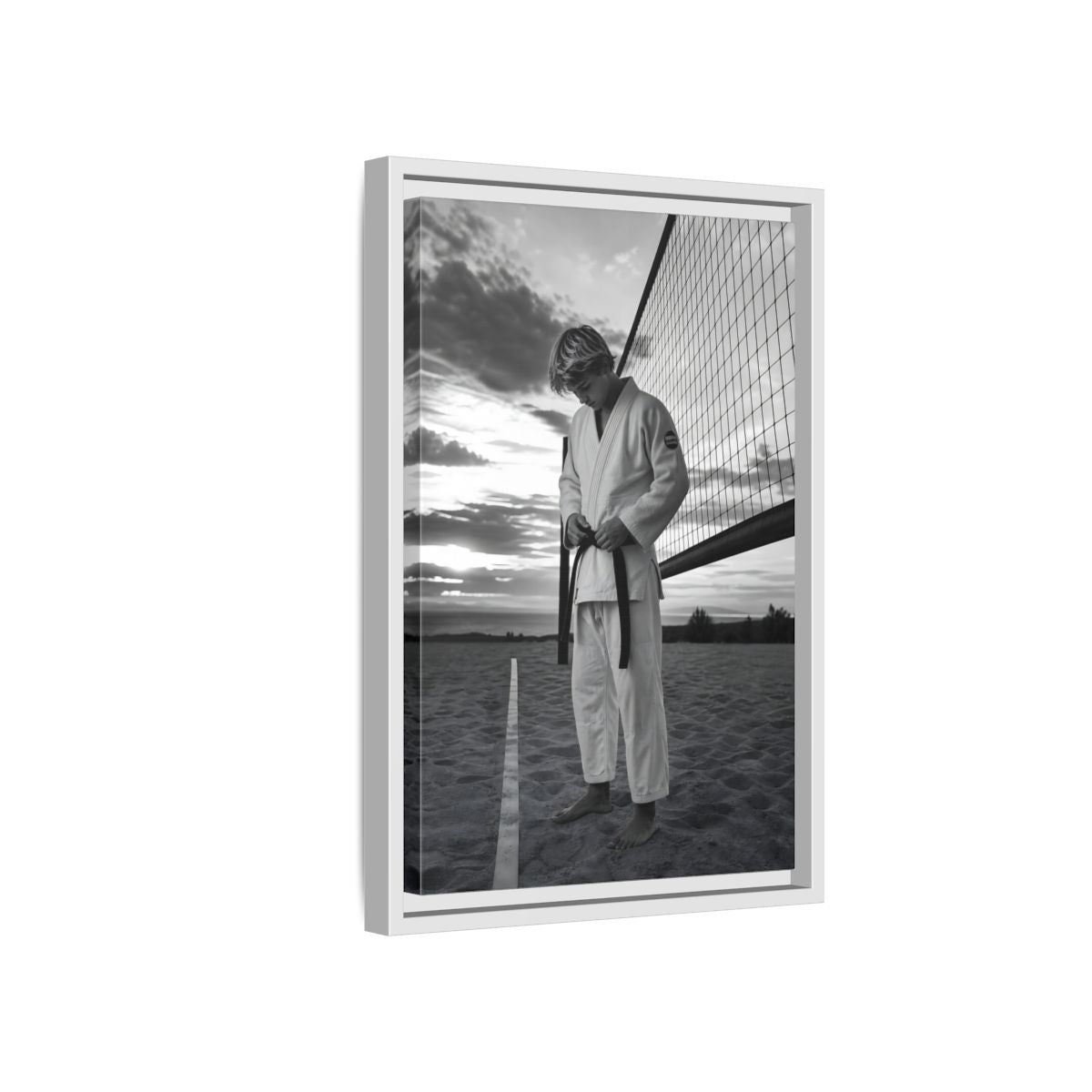 Side Mockup 4. Sports Martial Artist Martial Artist Black And White shown as framed canvas print