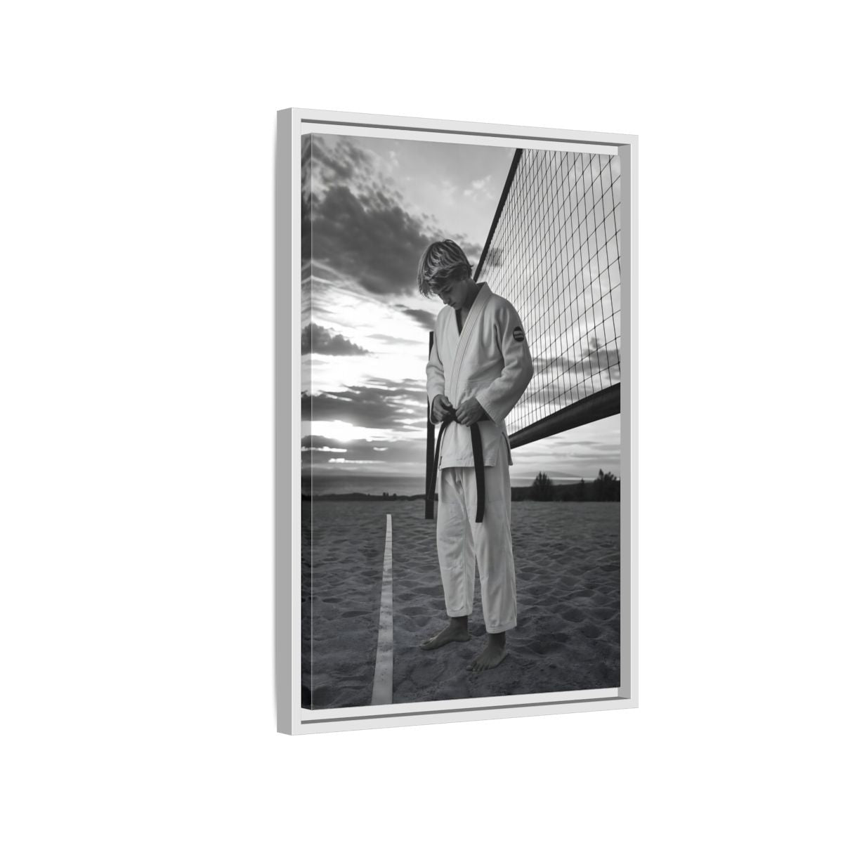 Side Mockup 1. Sports Martial Artist Martial Artist Black And White shown as framed canvas print