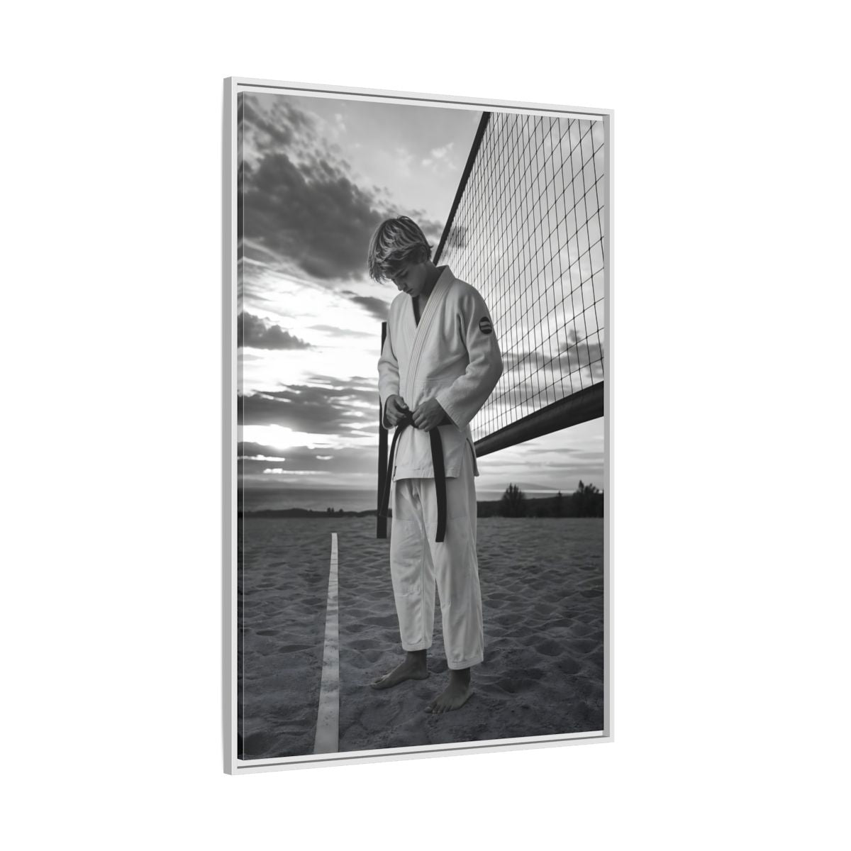 Side Mockup 7. Sports Martial Artist Martial Artist Black And White shown as framed canvas print