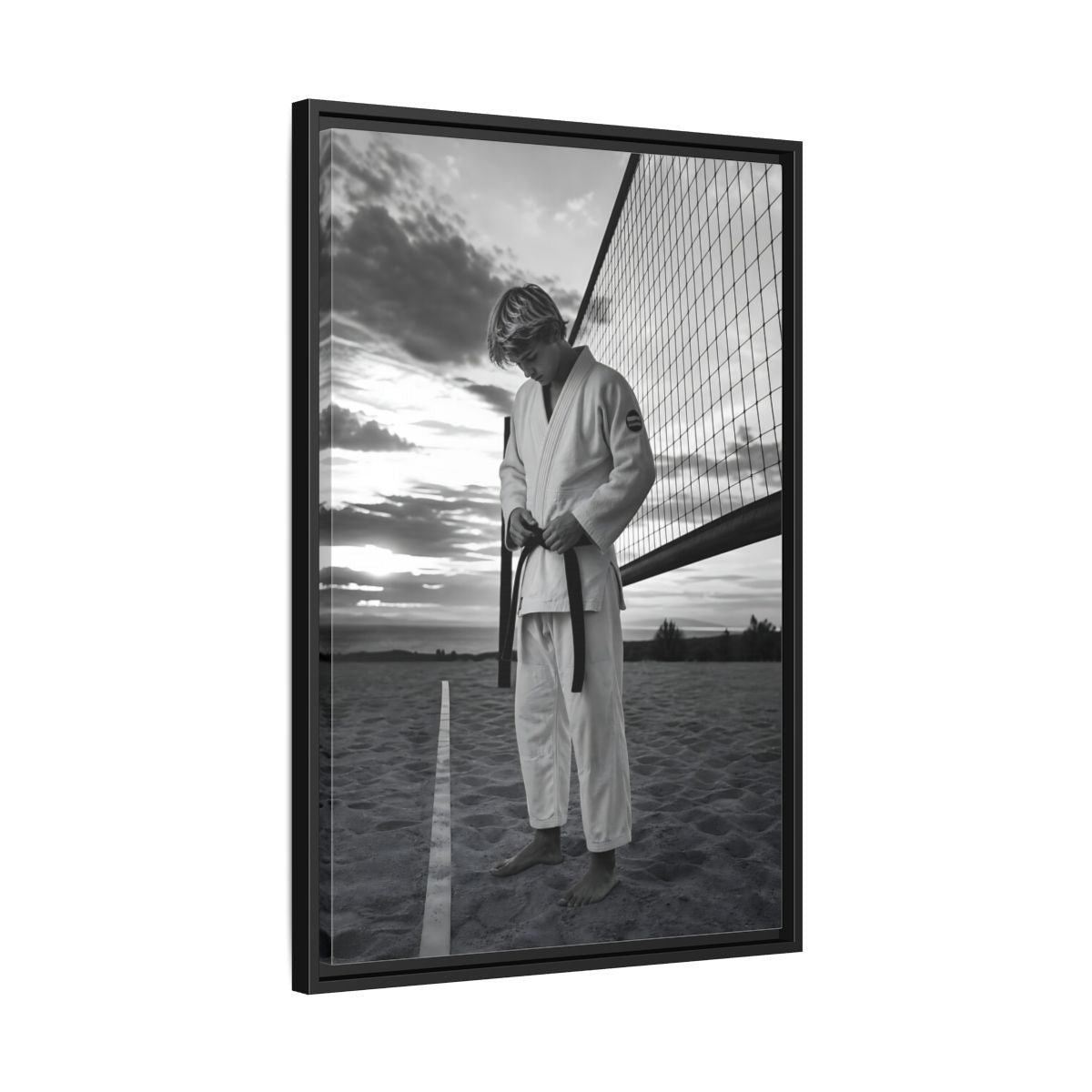 Side Mockup 14. Sports Martial Artist Martial Artist Black And White shown as framed canvas print
