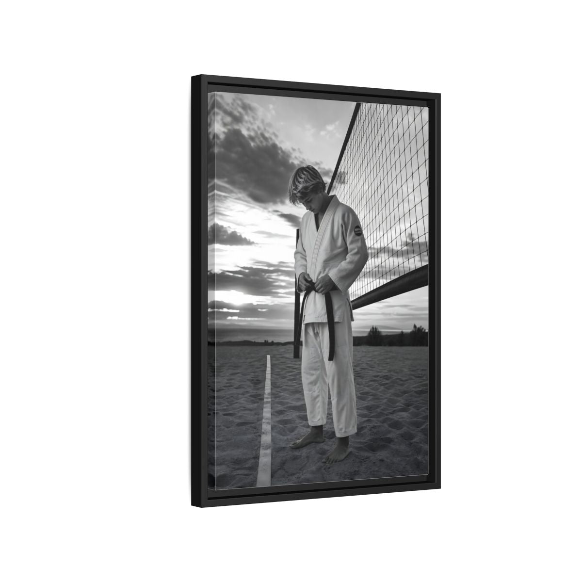 Side Mockup 3. Sports Martial Artist Martial Artist Black And White shown as framed canvas print