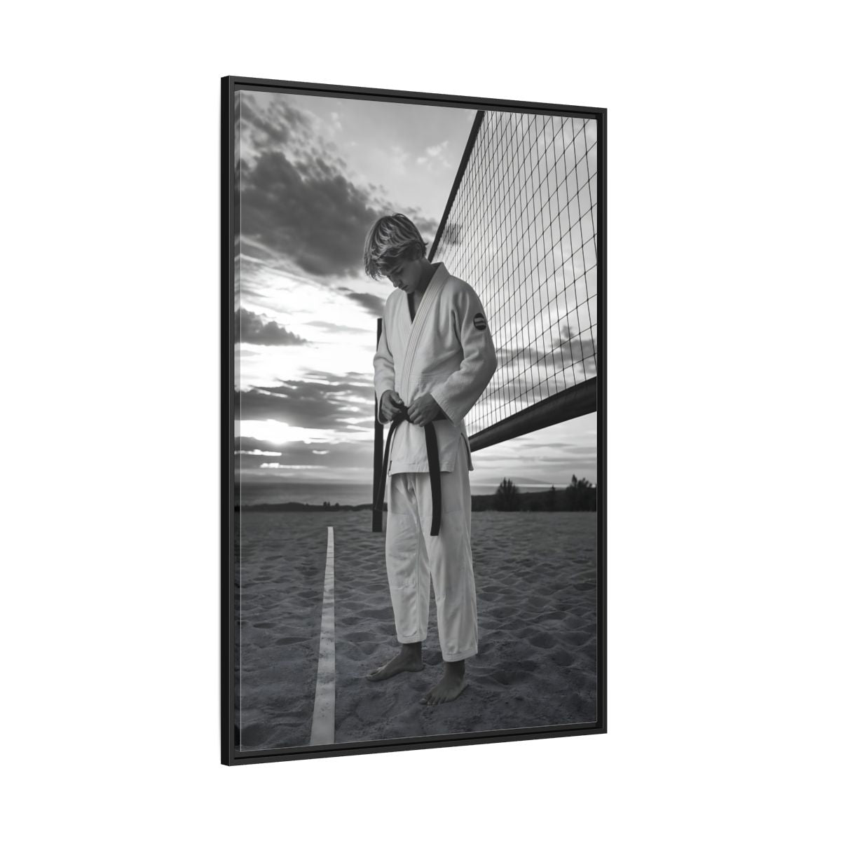 Side Mockup 12. Sports Martial Artist Martial Artist Black And White shown as framed canvas print