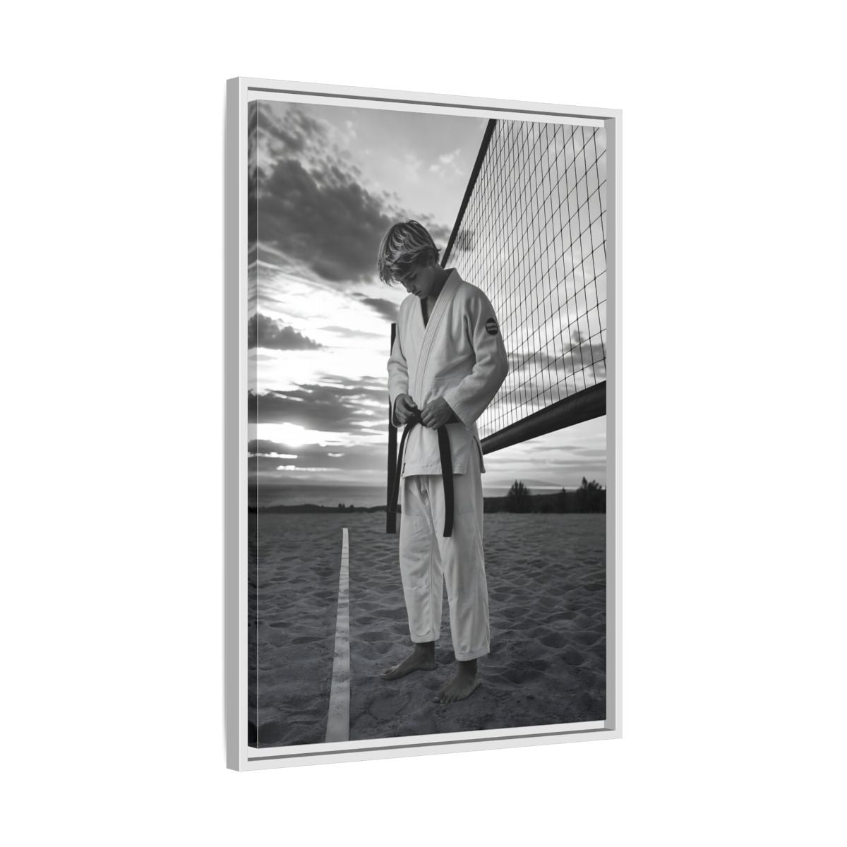 Side Mockup 10. Sports Martial Artist Martial Artist Black And White shown as framed canvas print
