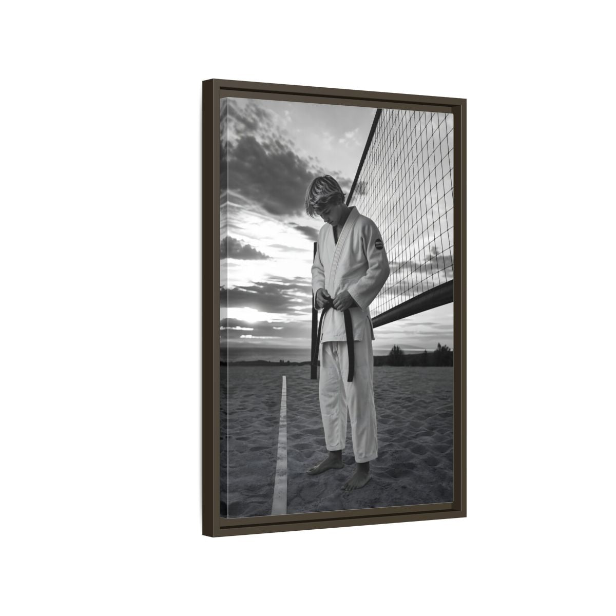 Side Mockup 2. Sports Martial Artist Martial Artist Black And White shown as framed canvas print