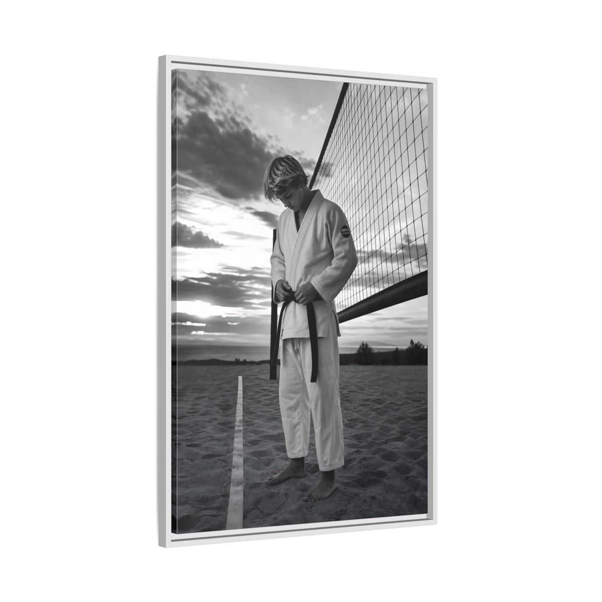 Side Mockup 9. Sports Martial Artist Martial Artist Black And White shown as framed canvas print