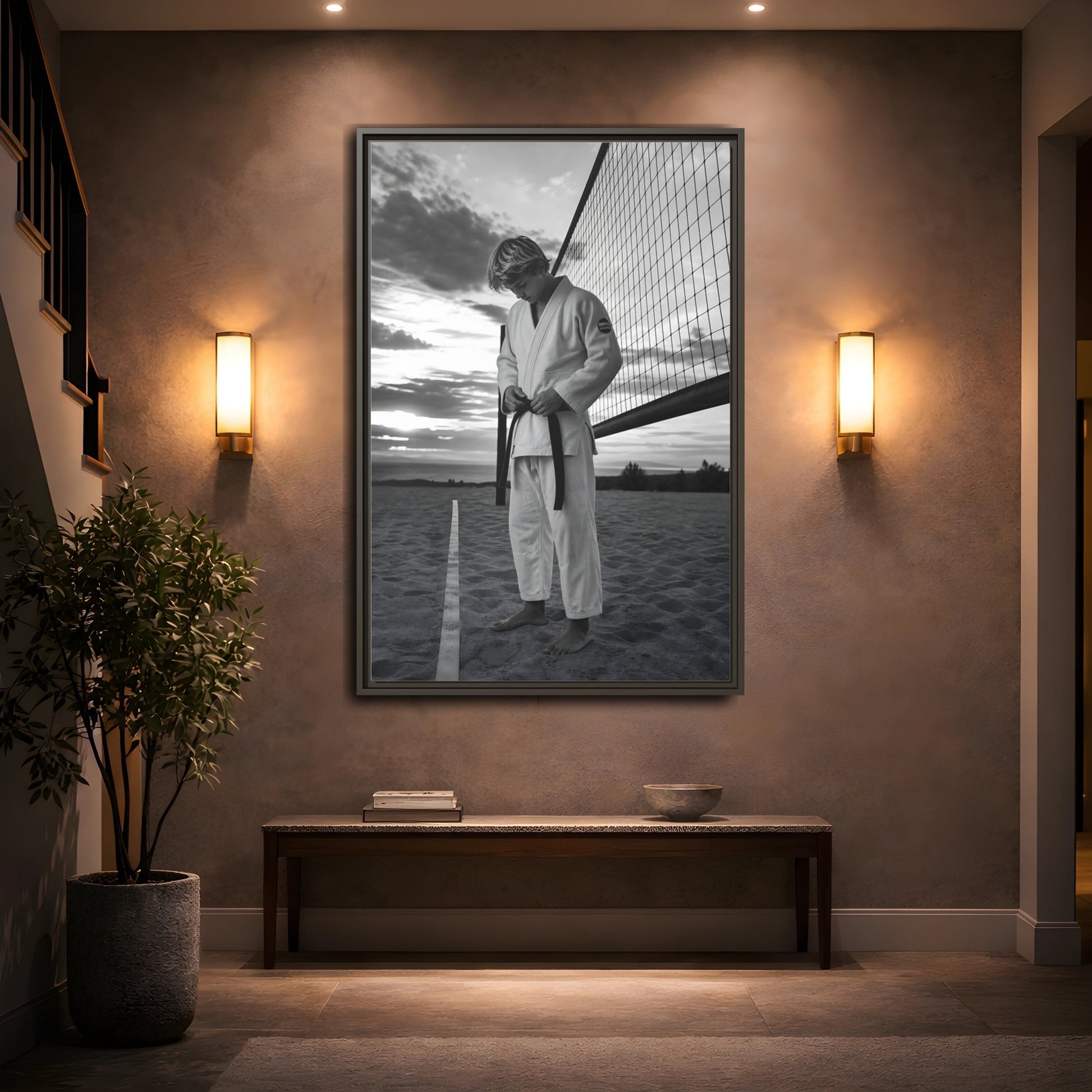 Mockup 2. Sports Martial Artist Martial Artist Black And White shown as framed canvas print