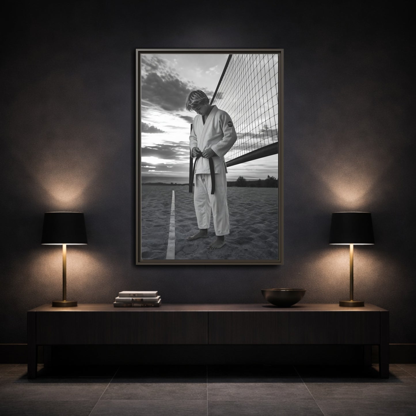 Mockup 3. Sports Martial Artist Martial Artist Black And White shown as framed canvas print