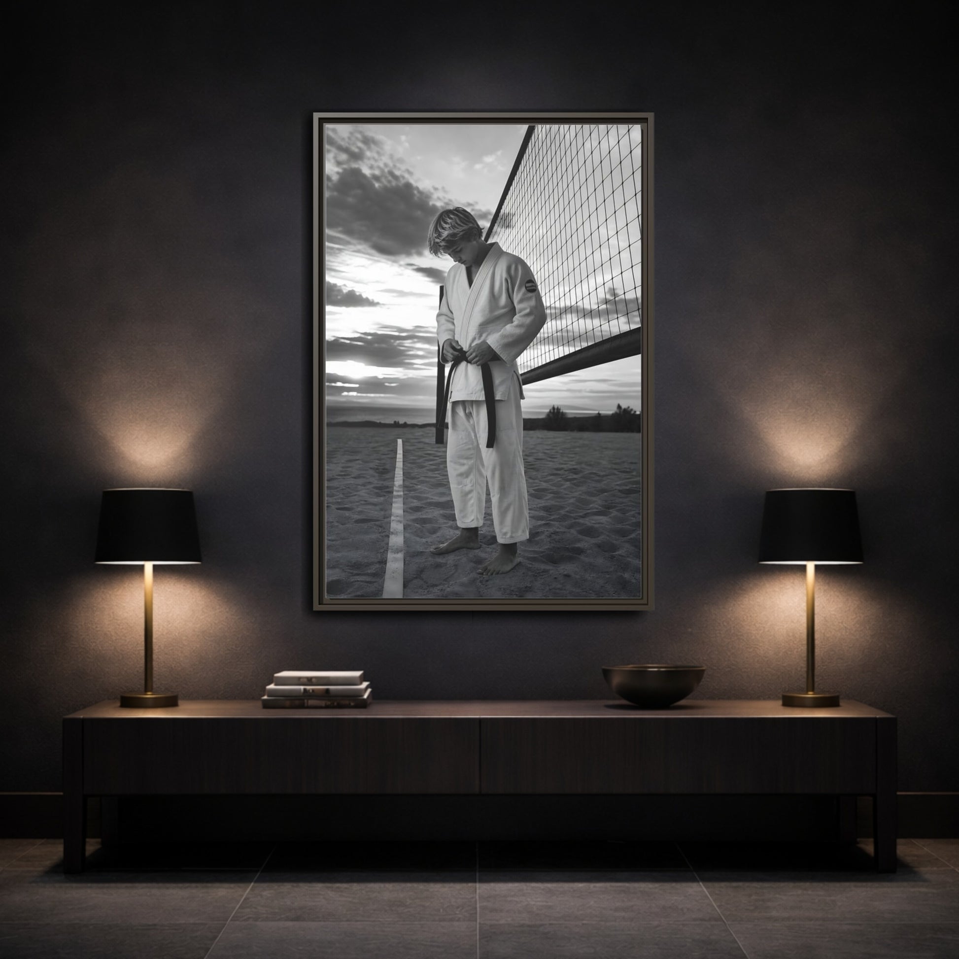 Mockup 3. Sports Martial Artist Martial Artist Black And White shown as framed canvas print