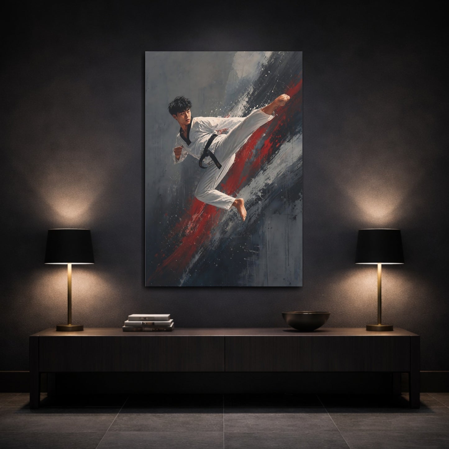 Mockup 3. Sports Martial Artist Red And Gray shown as canvas print
