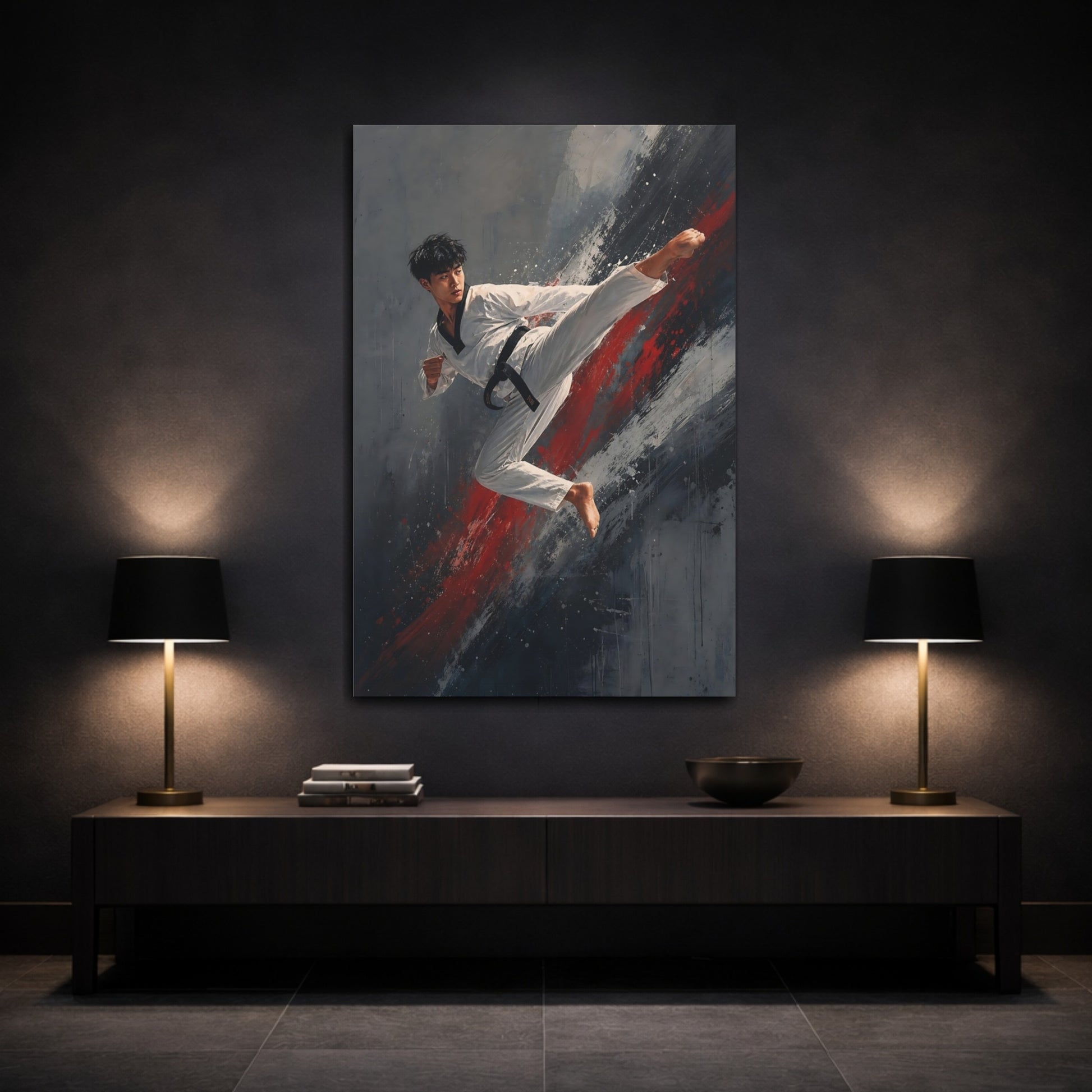 Mockup 3. Sports Martial Artist Red And Gray shown as canvas print