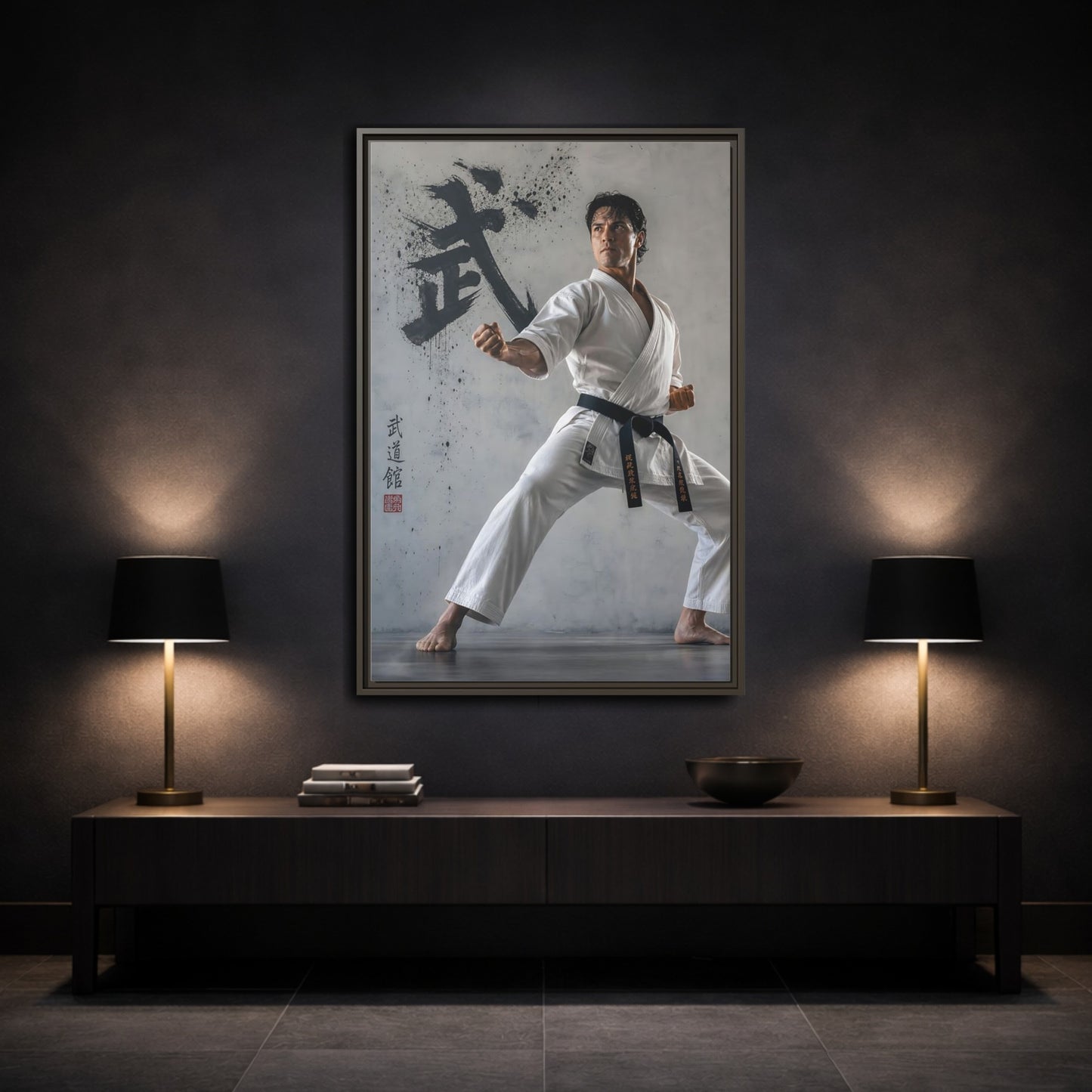 Mockup 3. Sports Martial Artist White And Black shown as framed canvas print