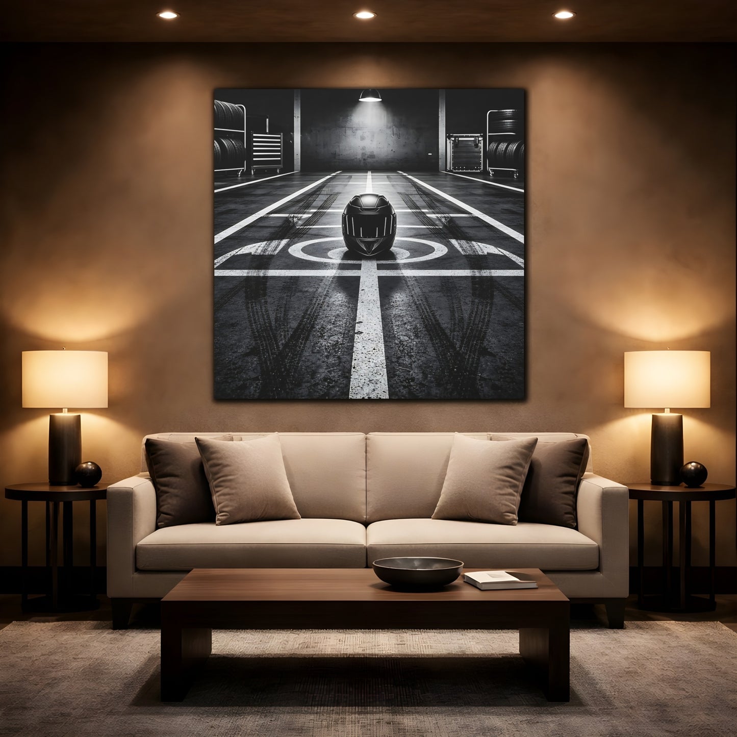 Mockup 2. Sports Motorcycle Helmet Monochrome shown as canvas print