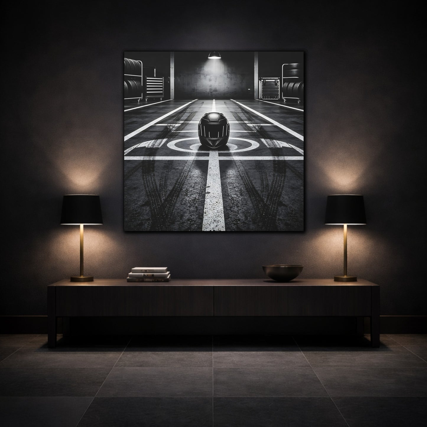 Mockup 3. Sports Motorcycle Helmet Monochrome shown as canvas print