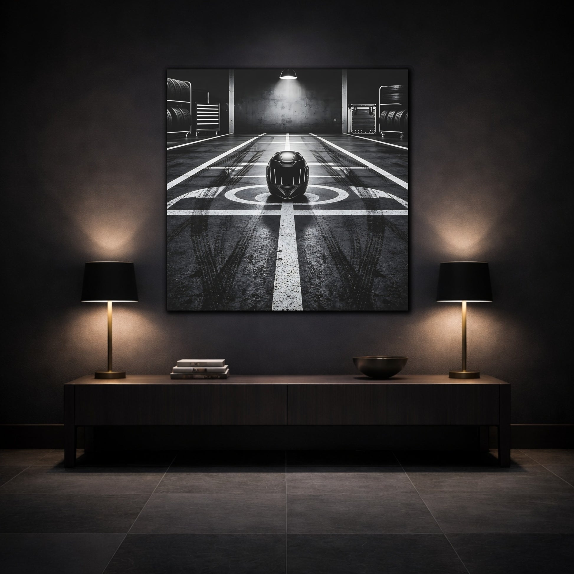 Mockup 3. Sports Motorcycle Helmet Monochrome shown as canvas print