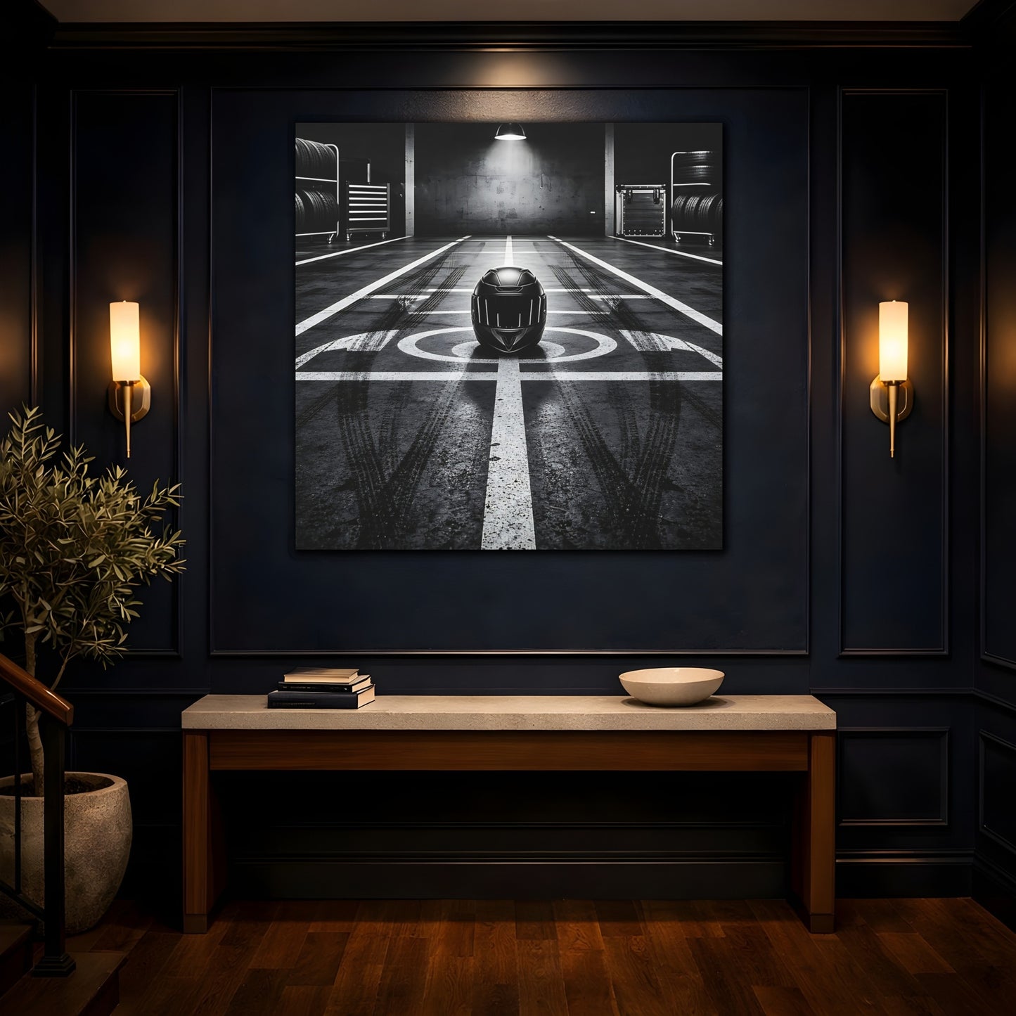 Mockup 4. Sports Motorcycle Helmet Monochrome shown as canvas print