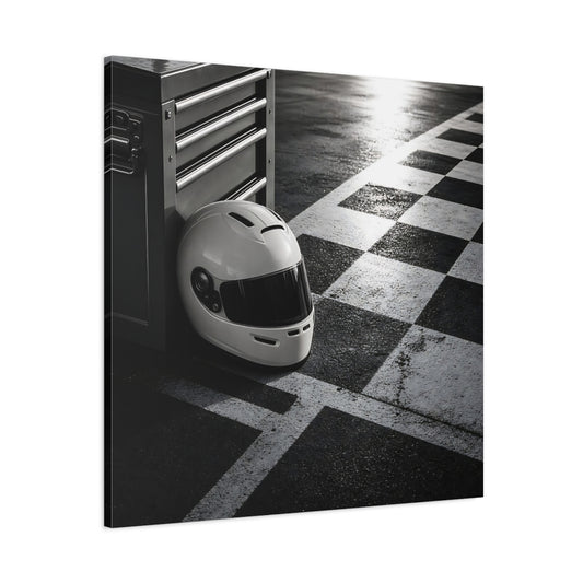 Main Mockup. Sports Racing Helmet Black And White shown as canvas print