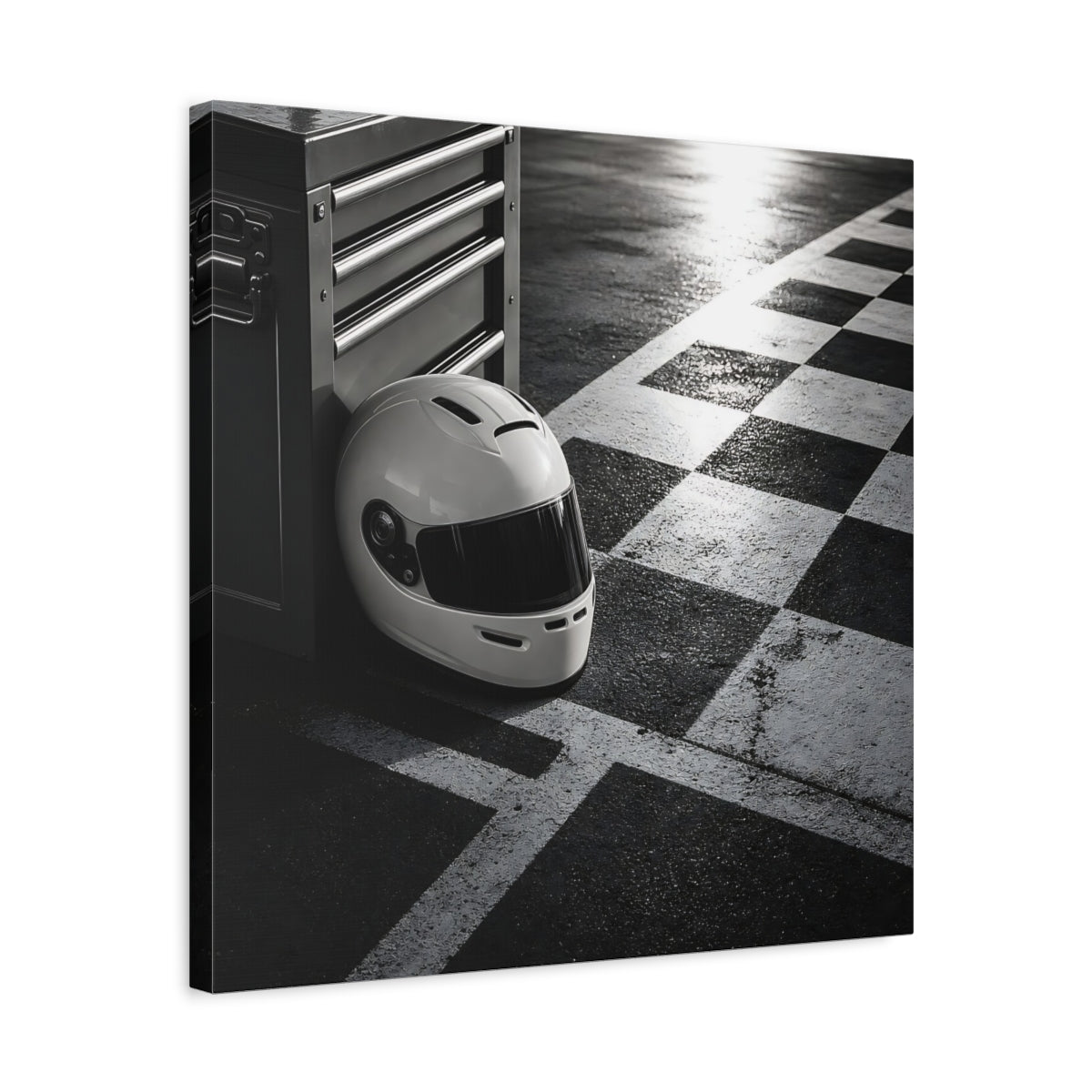 Side Mockup 5. Sports Racing Helmet Black And White shown as canvas print