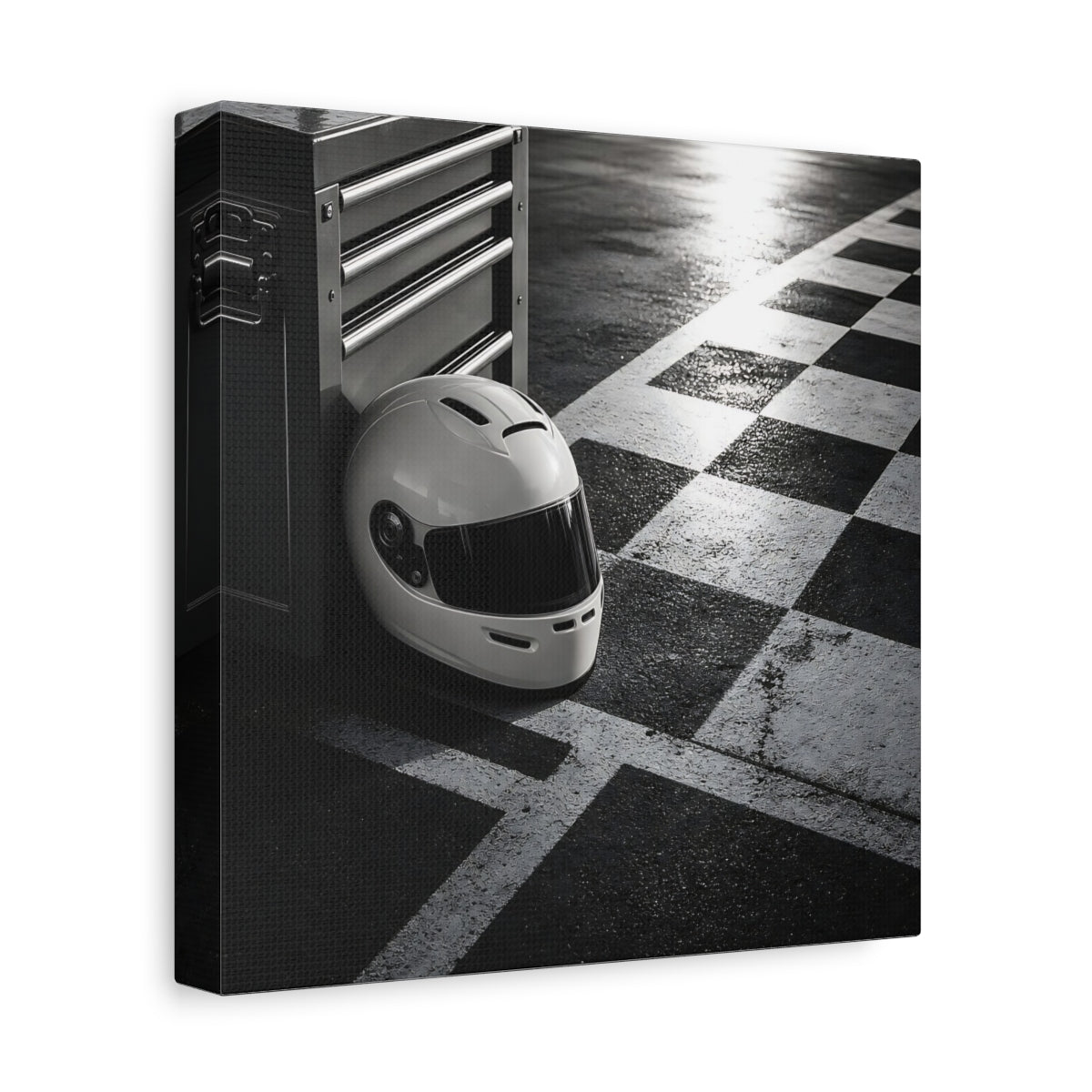 Side Mockup 9. Sports Racing Helmet Black And White shown as canvas print