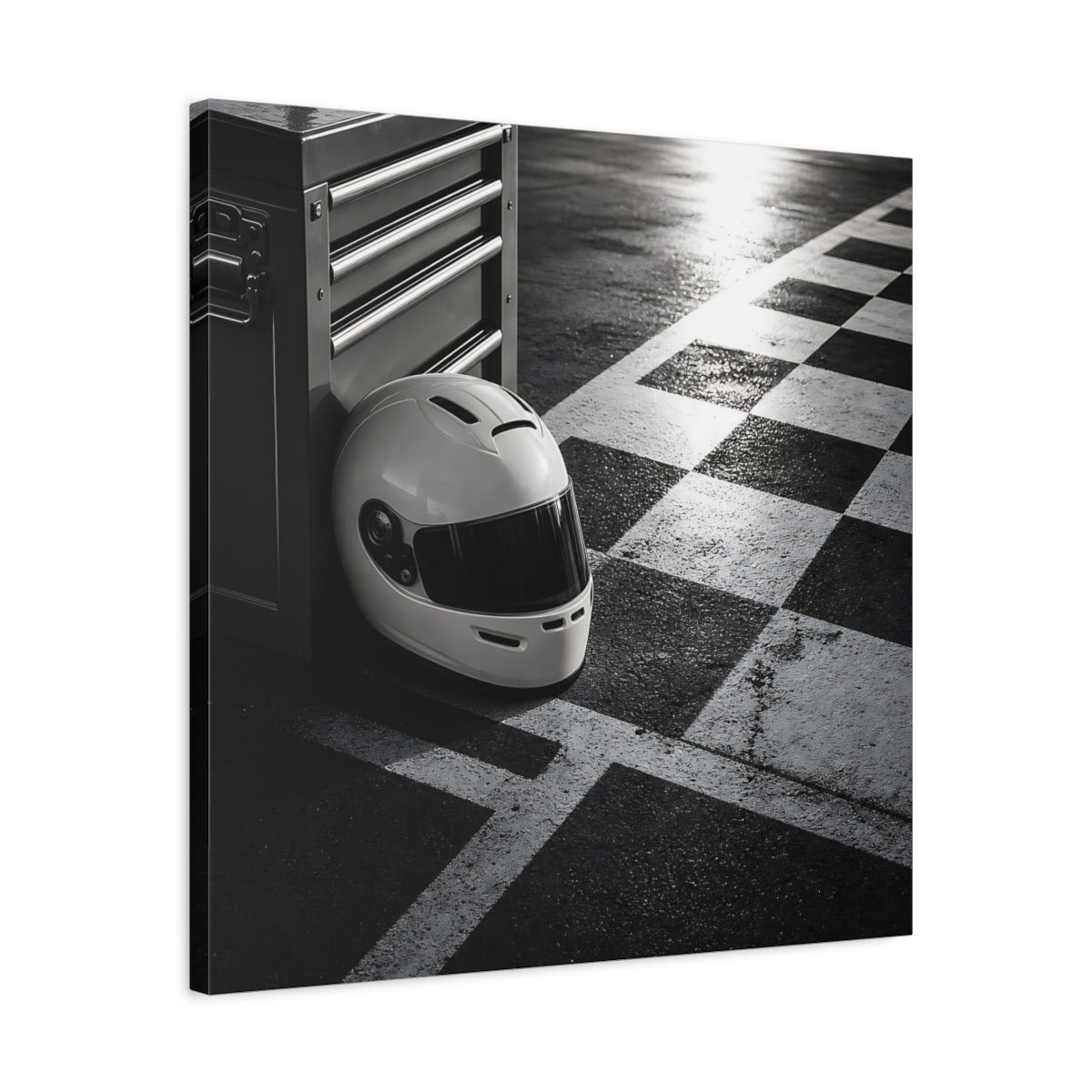 Side Mockup 4. Sports Racing Helmet Black And White shown as canvas print