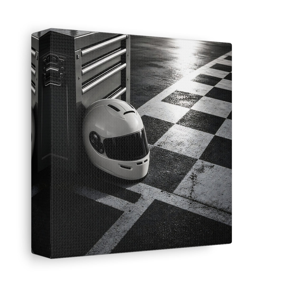 Side Mockup 2. Sports Racing Helmet Black And White shown as canvas print