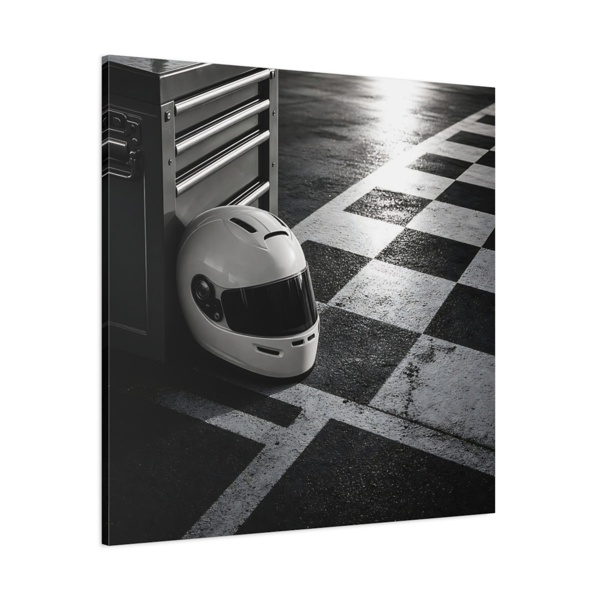 Side Mockup 1. Sports Racing Helmet Black And White shown as canvas print