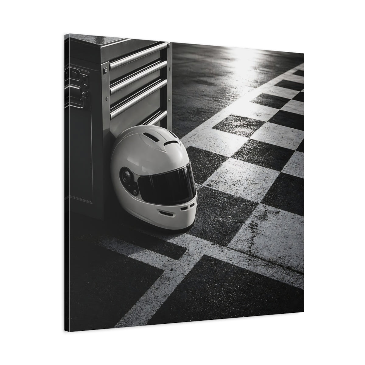 Side Mockup 3. Sports Racing Helmet Black And White shown as canvas print