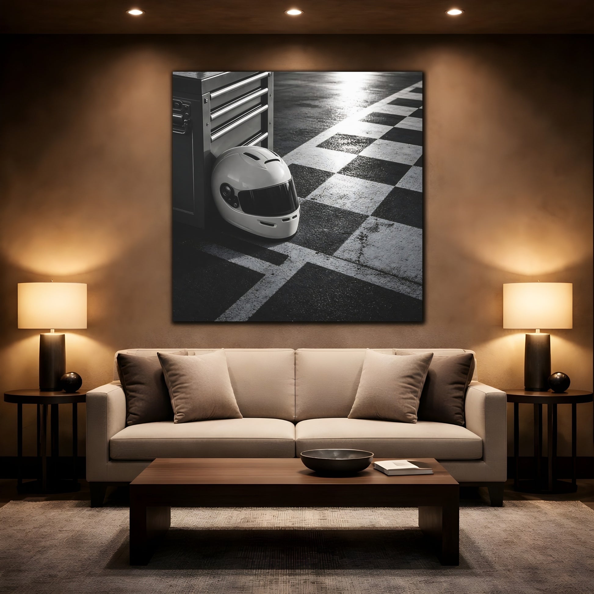 Mockup 2. Sports Racing Helmet Black And White shown as canvas print
