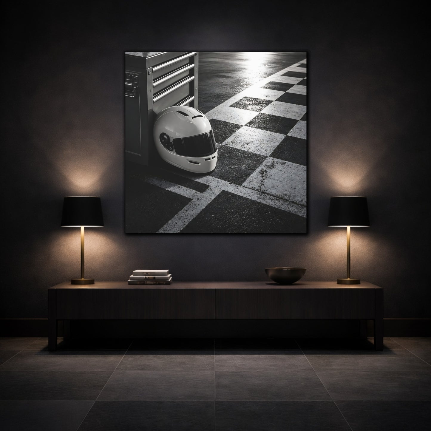 Mockup 3. Sports Racing Helmet Black And White shown as canvas print