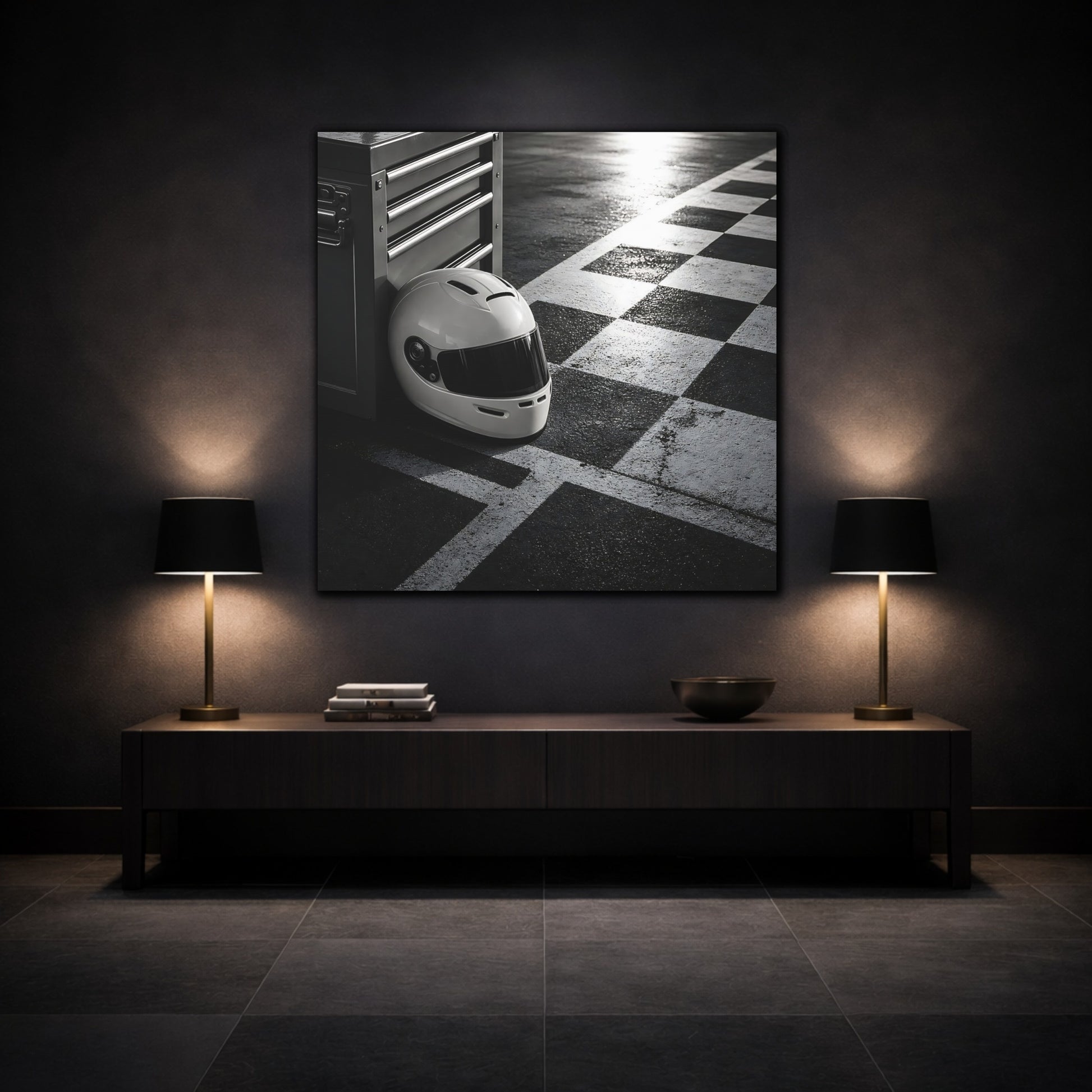 Mockup 3. Sports Racing Helmet Black And White shown as canvas print