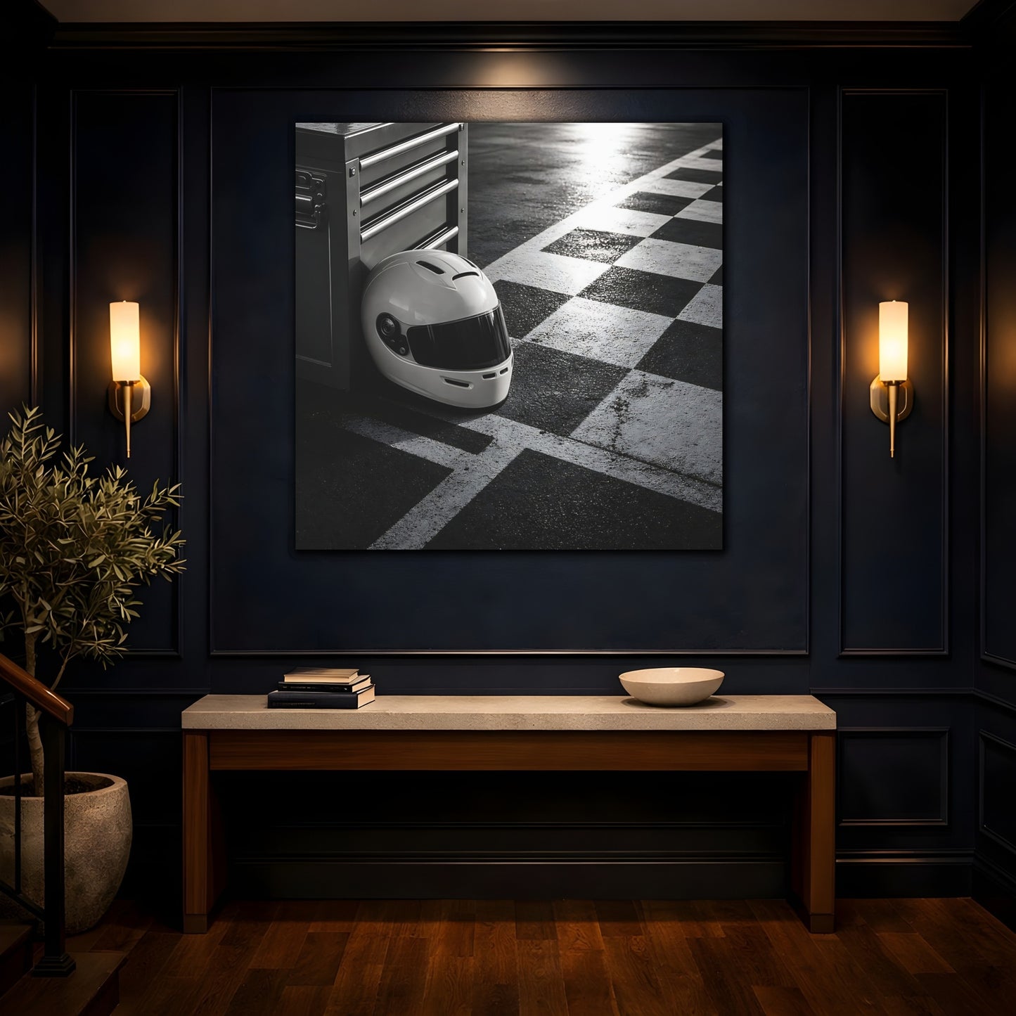 Mockup 4. Sports Racing Helmet Black And White shown as canvas print