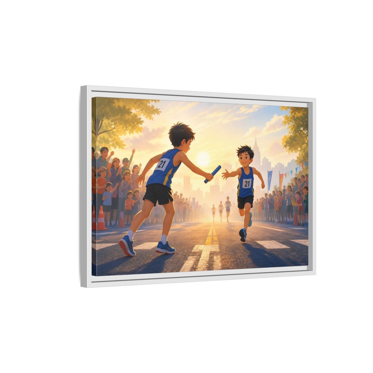 Side Mockup 1. Sports Relay Race Kids Sports shown as framed canvas print