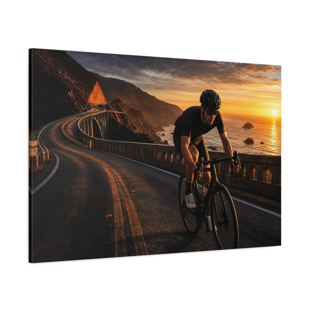 Side Mockup 1. Sports Road Cyclist Coastal Cycling Sunset shown as canvas print