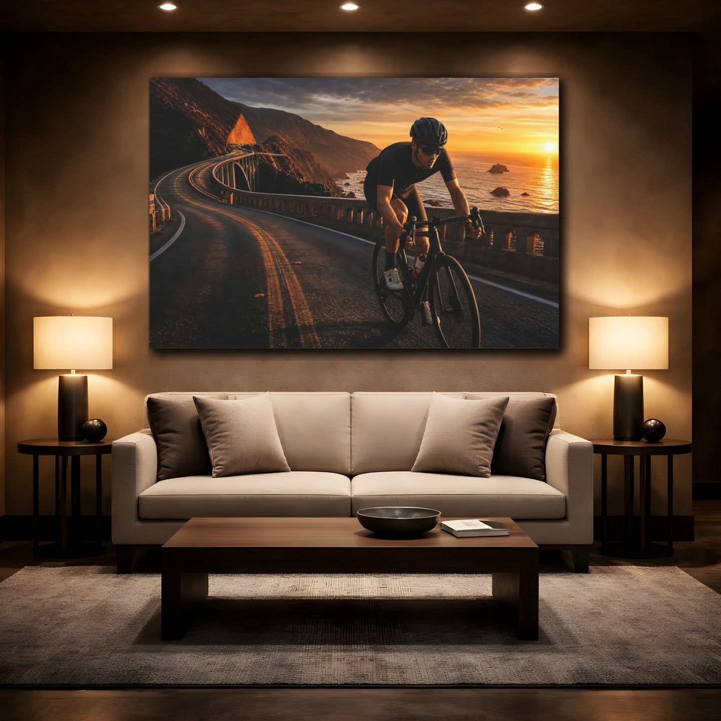 Mockup 2. Sports Road Cyclist Coastal Cycling Sunset shown as canvas print