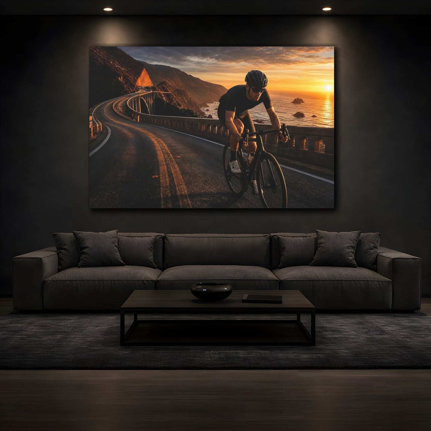 Mockup 3. Sports Road Cyclist Coastal Cycling Sunset shown as canvas print