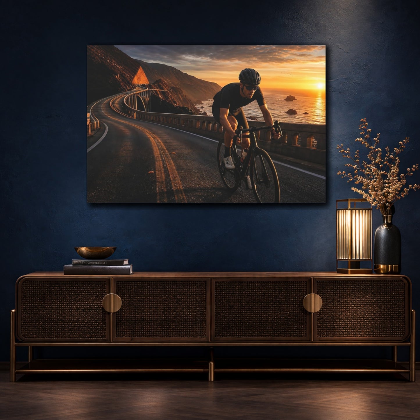 Mockup 4. Sports Road Cyclist Coastal Cycling Sunset shown as canvas print