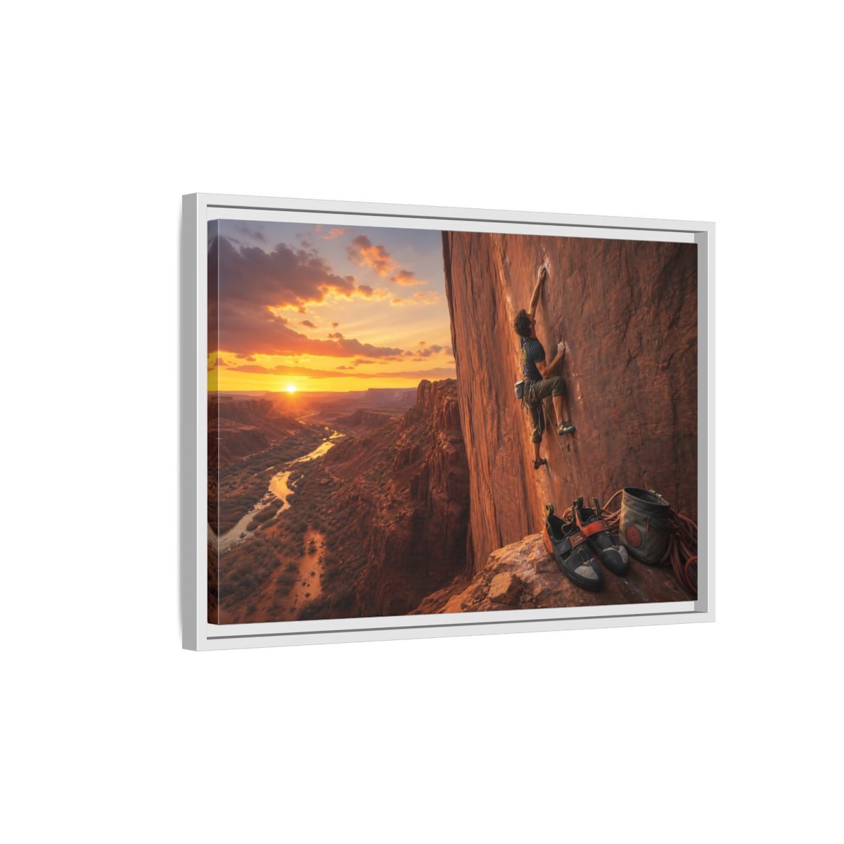 Side Mockup 1. Sports Rock Climber Orange Desert Climbing shown as framed canvas print