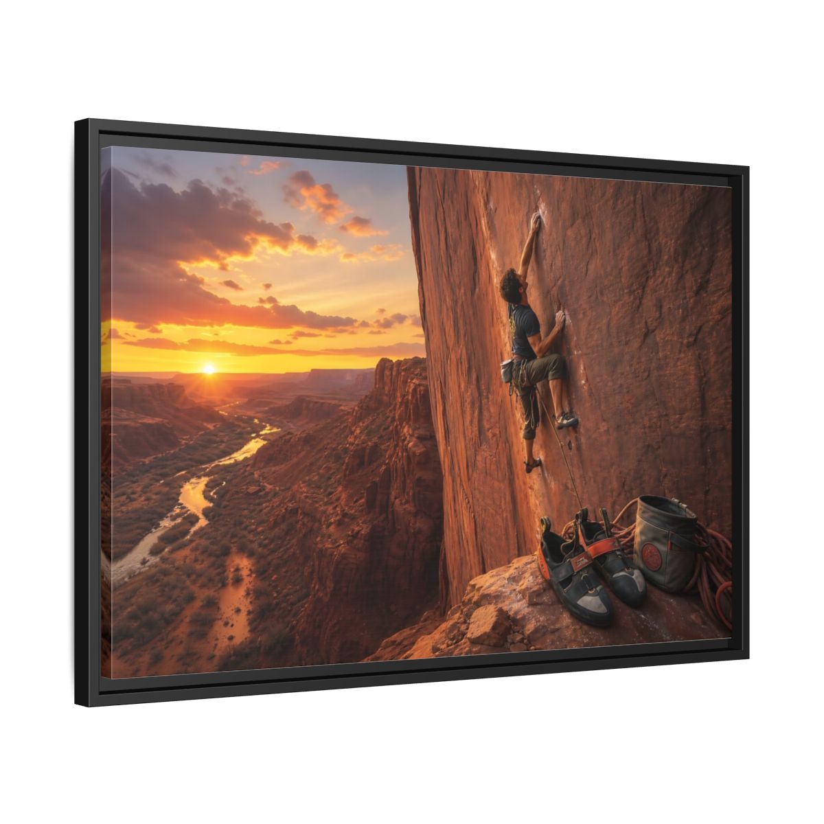 Side Mockup 14. Sports Rock Climber Orange Desert Climbing shown as framed canvas print