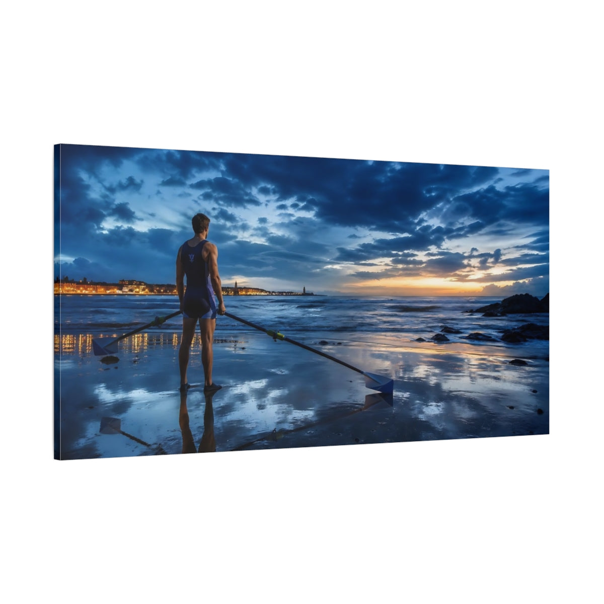Side Mockup 2. Sports Rower Blue Sunset shown as canvas print
