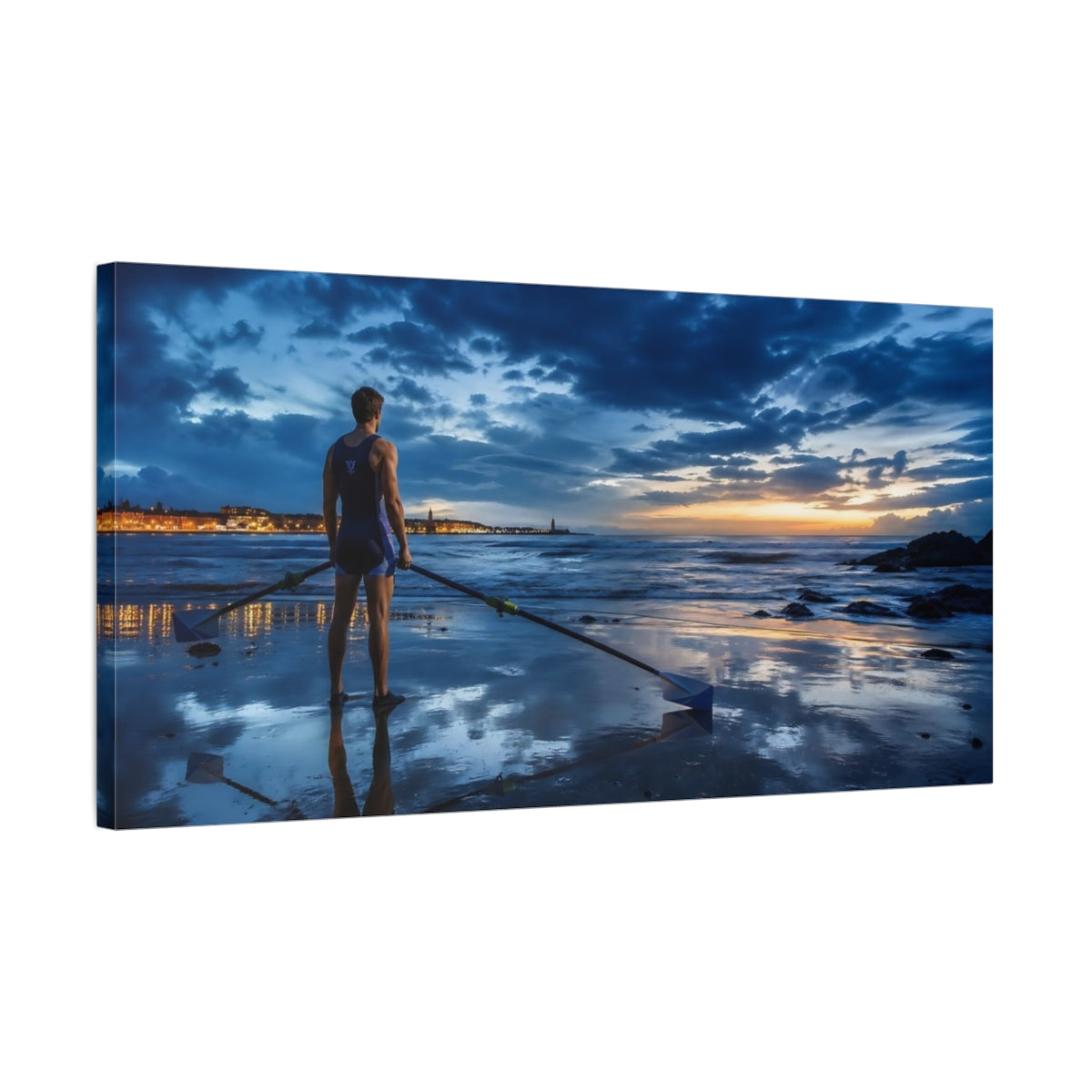 Side Mockup 1. Sports Rower Blue Sunset shown as canvas print