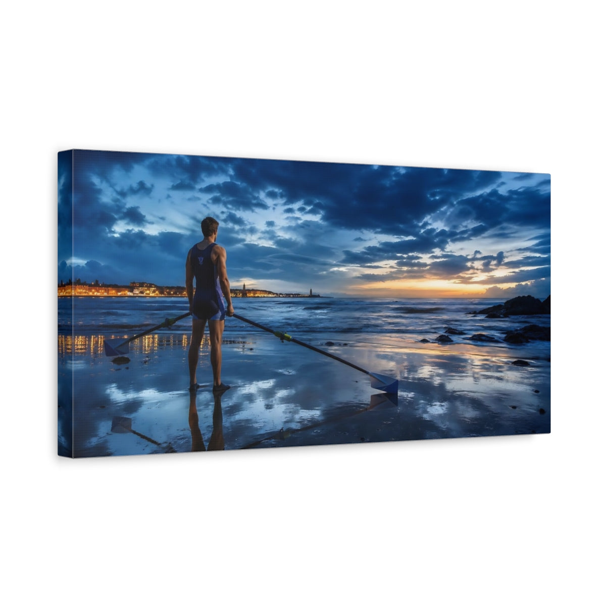 Side Mockup 3. Sports Rower Blue Sunset shown as canvas print