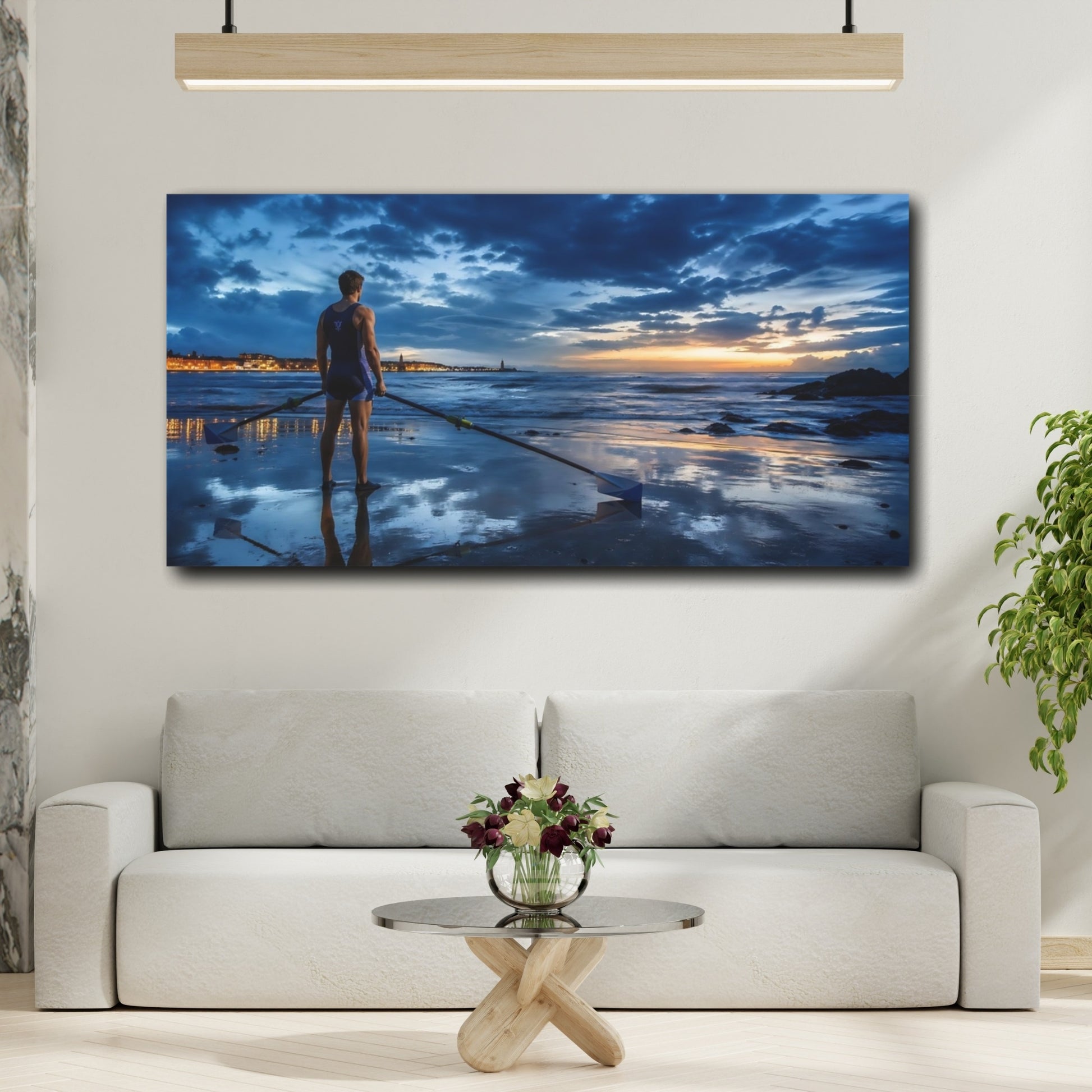 Mockup 2. Sports Rower Blue Sunset shown as canvas print