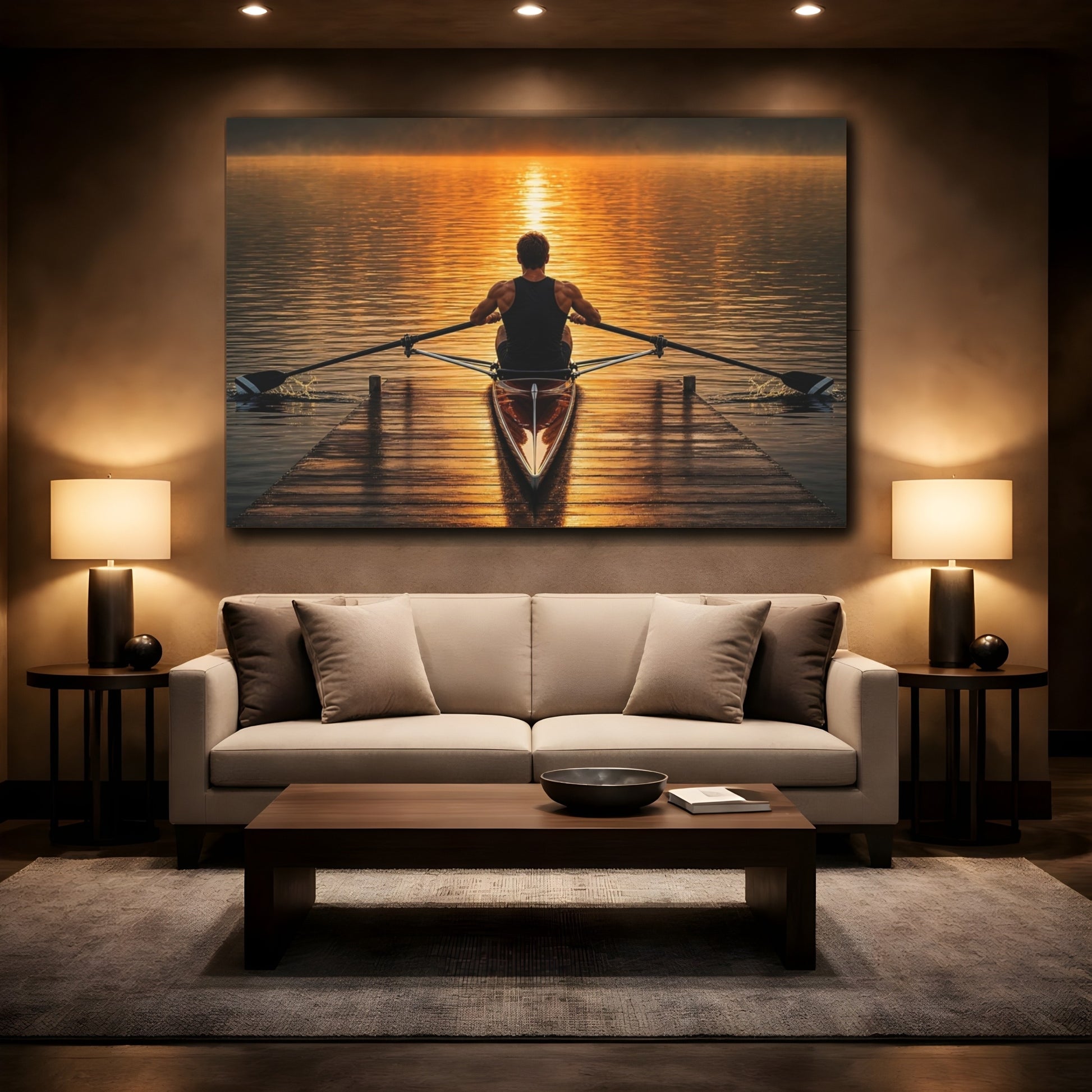 Mockup 2. Sports Rower Golden Rowing Scenery shown as canvas print