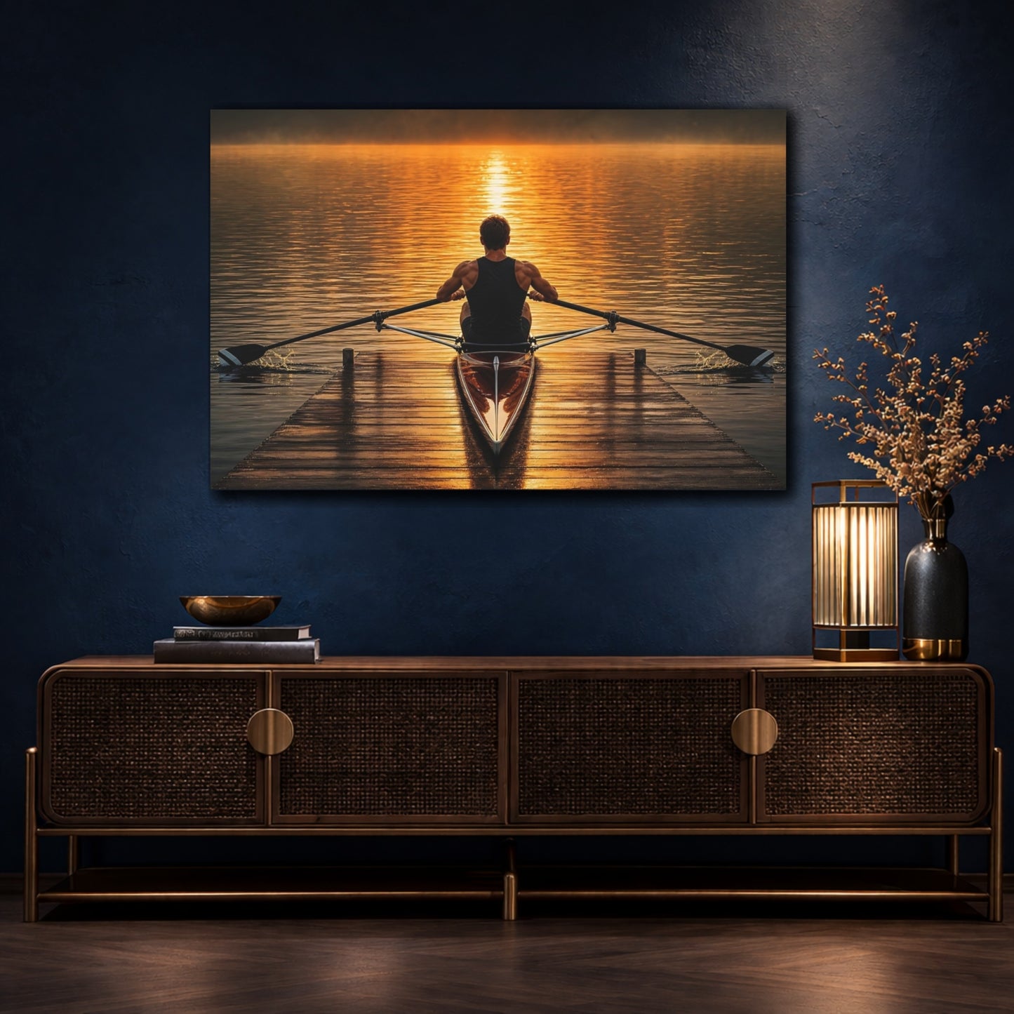 Mockup 4. Sports Rower Golden Rowing Scenery shown as canvas print