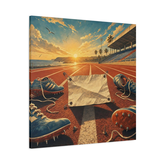 Main Mockup. Sports Running Track Orange And Blue shown as canvas print